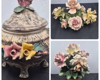 48 VintageCapodimontePorcelainRoseCoveredUrnFloralArrangements