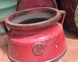 56 RaisedMotifRedGlazedPotteryPlanterwithHandles
