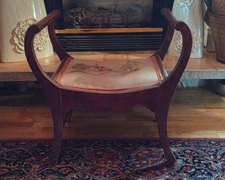 53 AntiqueTapestryCurvedWoodArmBenchChair