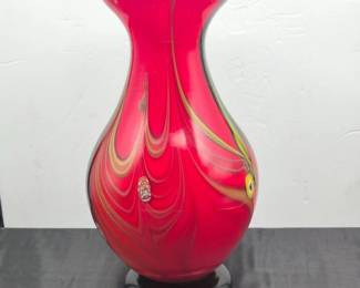 74 HandcraftedArtGlassVasewithSwirledRedBlackMurrineDetail