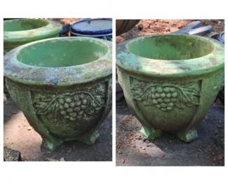 107 NaturalDistressedGreenGrapesMotifCementPotteryPair