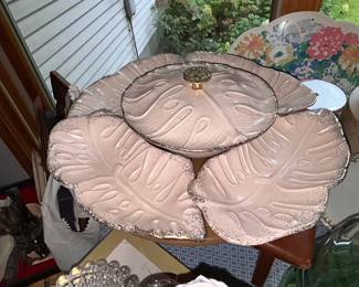 Vintage California Pottery Pink and Speckled Gold Leaf Lazy Susan