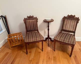 Living Room: Victorian parlor chairs, magazine rack, stand