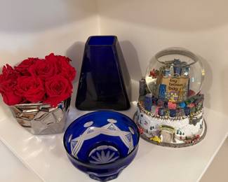 Living Room: Cobalt vase, snow globe, cobalt etched bowl 