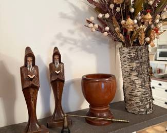 Living Room: carved wooden monks, wooden vase