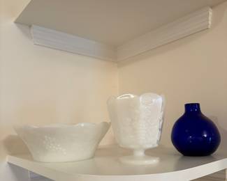 Living Room: milk glass, cobalt vase