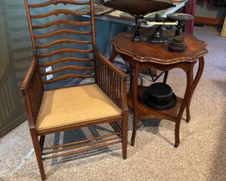 Wood ladder back chair, side table & scale
