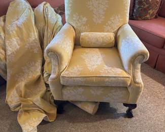 Upholstered arm chair & 2 drape panels