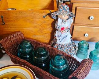 Vintage Crate and Salesman Sample Chest with Vintage Doll and Insualtors