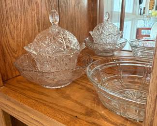 Assorted Vintage Pressed and Pattern Glass Collection in Oak Cabinet