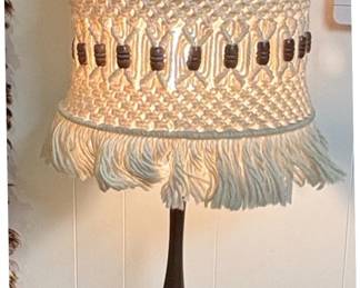Mid-Century Modern Teak and Ceramic Table Lamp with Maria Kipp Style Macramé Shade