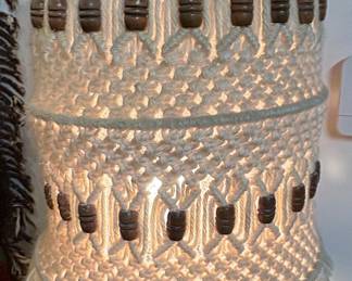 Mid-Century Modern Teak and Ceramic Table Lamp with Maria Kipp Style Macramé Shade