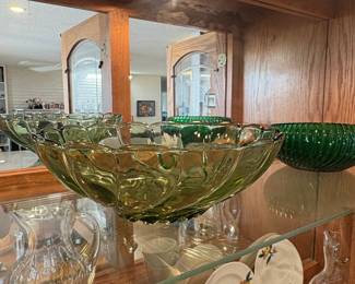 Assorted Vintage Pressed and Pattern Glass Collection in Oak Cabinet