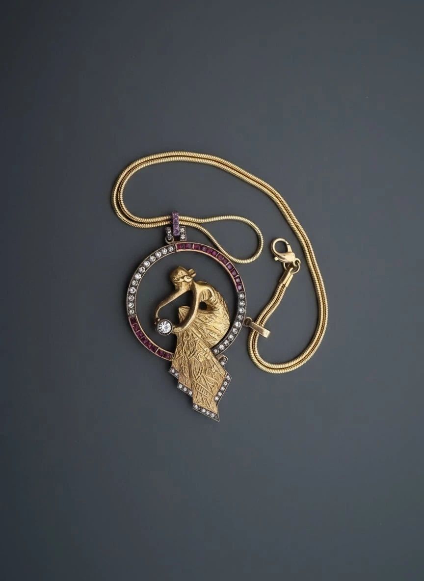 Art Deco Gold Motif Pendant with Ruby and Diamond Accents on Chain