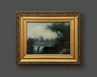 Antique French River Landscape Oil Painting with Waterfall Signed Moniery