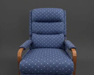Blue Diamond Pattern Fabric Recliner with Wooden Arms