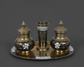 Vintage Brass Enamel Condiment Set second image