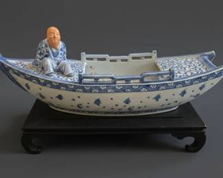 Chinoiserie Style Blue and White Ceramic Boat Planter with Figurine second image