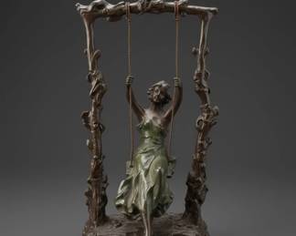 Auguste Moreau Style Bronze Girl on a Swing Sculpture