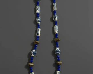 Vintage Chinese Blue and White Porcelain Bead Necklace with BrassTone Accents second image