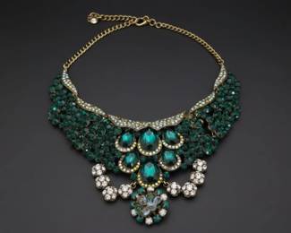 Vintage DeLizza  Elster Juliana Emerald Green Rhinestone Statement Necklace and Jewelry Set second image