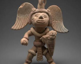 PreColumbian Style Terracotta Figurine with Wings and Shield