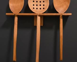 Vintage WallMounted Wooden Kitchen Utensil Set with Spoon, Skimmer, and Fork second image