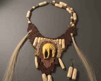 Vintage Tribal Carved Animal Pendant Necklace and Earrings Set second image