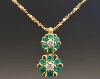 k Yellow Gold Emerald and Diamond Flower Pendant Necklace second image