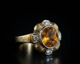 K Yellow Gold Vintage Oval Citrine and Rose Cut Diamond Framed Ring