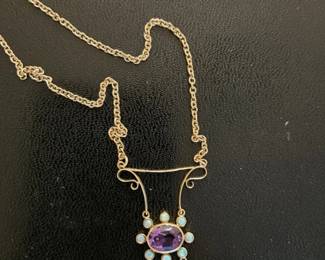 Art Nouveau Amethyst and Seed Pearl Lavalier Pendant Necklace second image