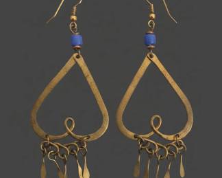 Artisan Brass Teardrop Dangle Earrings with Blue Beads second image