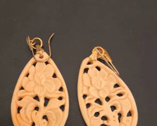 Vintage Carved Bone Floral Drop Earrings second image