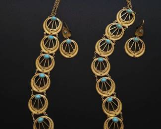 Vintage GoldTone Filigree and Turquoise Cabochon Jewelry Set
