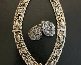 Vintage Mexican Sterling Silver Floral Necklace and Earring Set second image