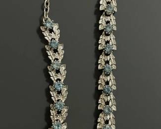 Vintage Coro SilverTone Blue Rhinestone Leaf Motif Necklace second image