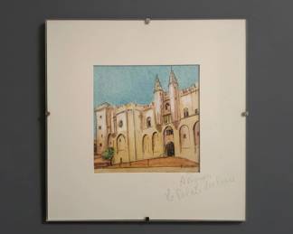 Vintage Watercolor Painting of Palais des Papes, Avignon