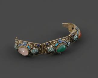 Antique Chinese Export Silver Gilt Filigree Enamel Carnelian and Jadeite Bracelet second image