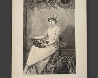 The Apple Seller, antique etching by D. Mordant after J.E. Saintin