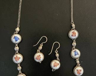 Vintage Porcelain Floral Sterling Silver Jewelry Set  Russian Enamel Style second image