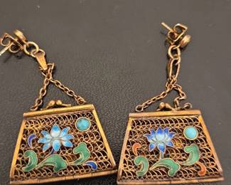 Chinese Export Sterling Silver Filigree Enamel Purse Earrings B