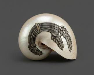 Vintage Carved Nautilus Shells with Silver Overlay and Chinese Legend Carving