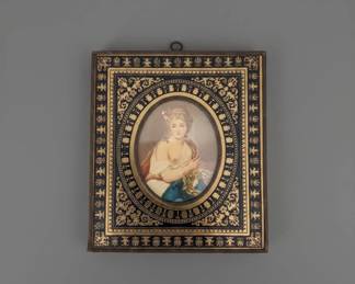 th or th Century Miniature Portrait of a Lady in Ornate Gilt Bronze Frame