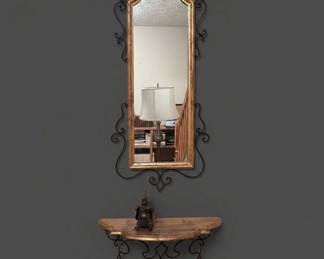Vintage Wrought Iron Wall Mirror and Console Shelf Set
