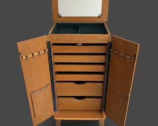 Vintage Oak Jewelry Armoire with Mirror and Queen Anne Legs fifth image