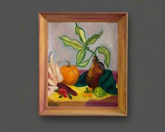 Original Still Life Oil Painting with Pumpkin and Pottery