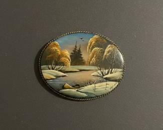 Collection of Four Vintage Costume Jewelry Brooches Piano, Bird, Cameo, and Landscape second image
