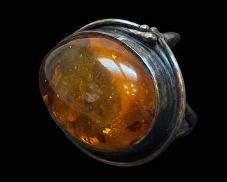 Vintage Sterling Silver and Amber Cabochon Ring  Modernist