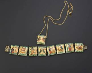 Persian Miniature Painted Bone Panel Bracelet and Pendant Set second image