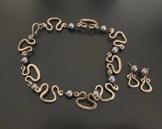Artisan Sterling Silver and Grey Pearl Serpentine Jewelry Suite second image